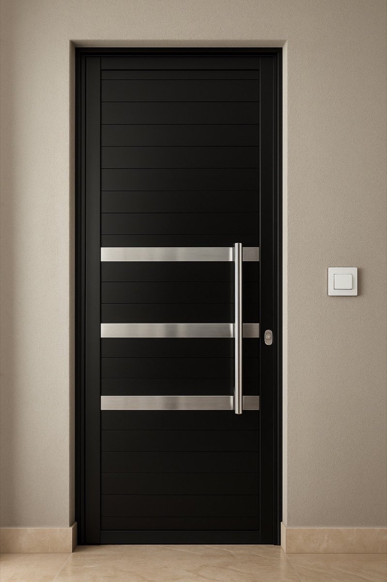 Porta de alumínio preto com puxador tubular de aço inox.